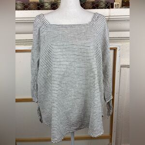 Liz Claiborne linen on or off shoulder blouse w/ tied 3/4 sleeves elastic neck